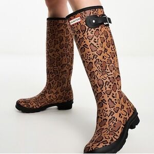 Hunter Original Leopard Print Tall Rain Boots Tan Black Animal US 5G